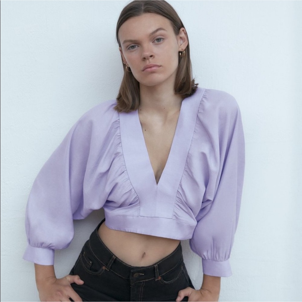 Purple Zara plunge v neck crop top